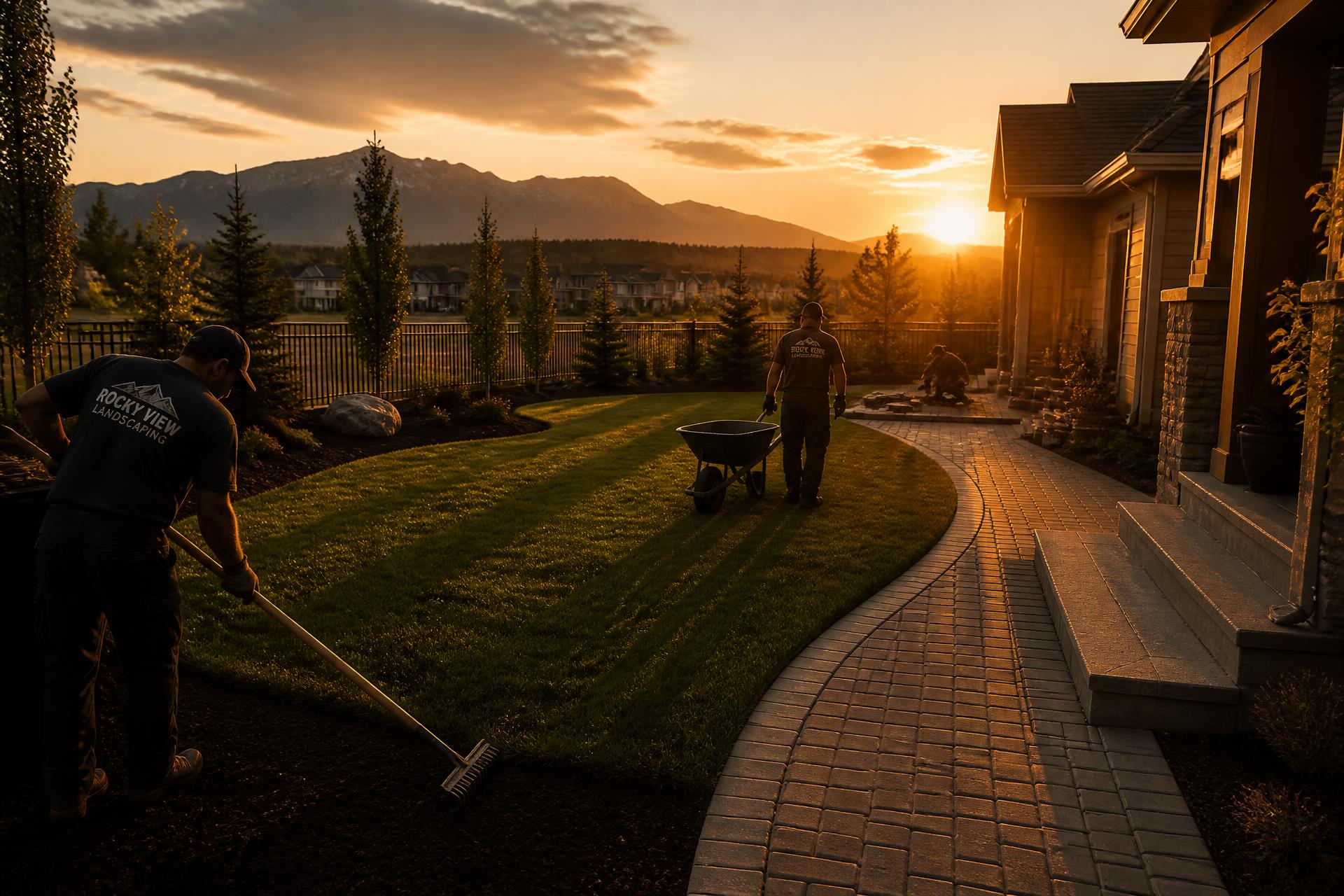 Northern Peaks crew finishing a landscaped Calgary backyard at sunset